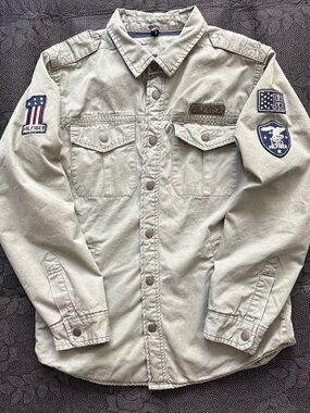 Tommy Hilfiger Boys Military Jacket 1985 Patch Army Green Utility Coat